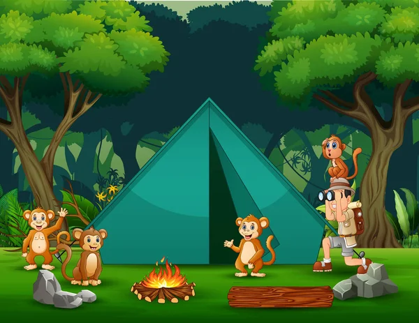 Garçon Explorateur Avec Quelques Singes Illustration Camping — Image vectorielle