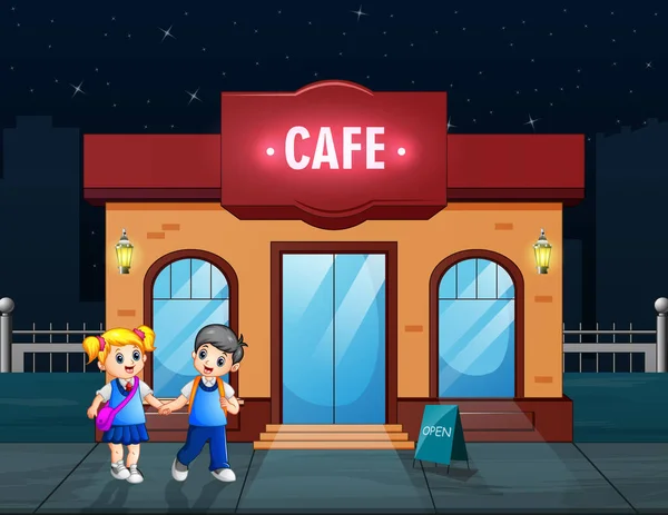 Heureux Écoliers Passer Devant Café — Image vectorielle