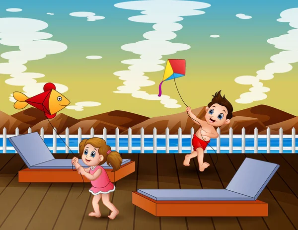 Cartoon Glückliche Kinder Spielen Drachen Auf Der Seebrücke — Stockvektor