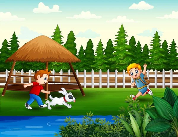 Glückliche Jungen Rennen Und Spielen Park Illustration — Stockvektor