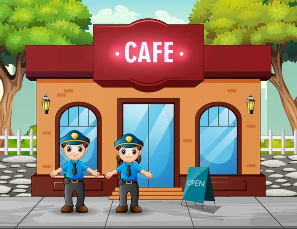 Oficial Policía Pie Frente Café — Vector de stock