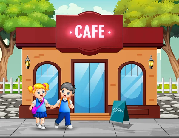 Glückliche Schulkinder Spazieren Einem Café Vorbei — Stockvektor
