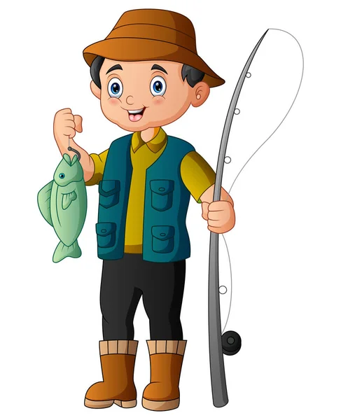 穿着橡胶靴 头戴钓鱼竿的渔民 — 图库矢量图片