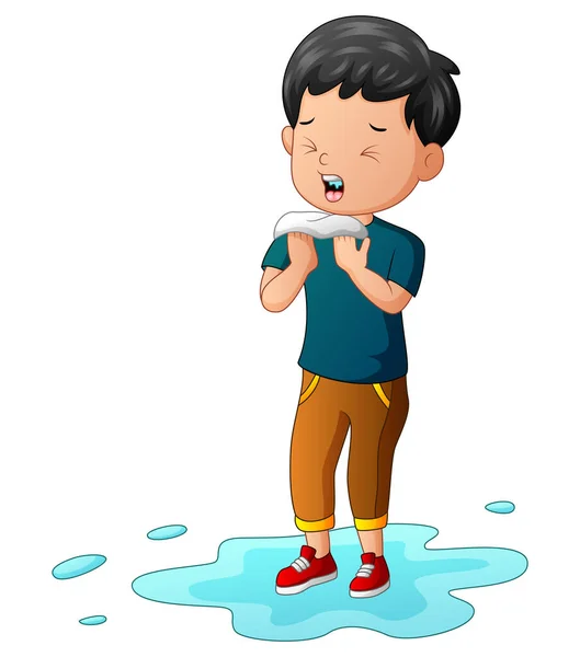 Rainy Season Boy Caught Flu Sneezing — Stock Vector