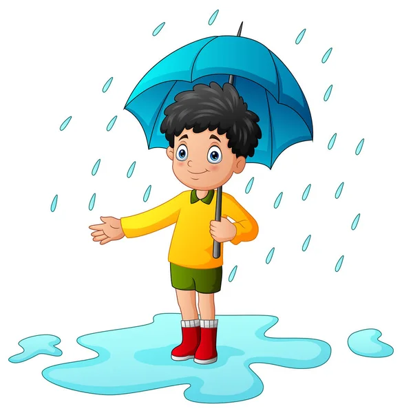 Niño Pequeño Usando Paraguas Bajo Lluvia — Vector de stock