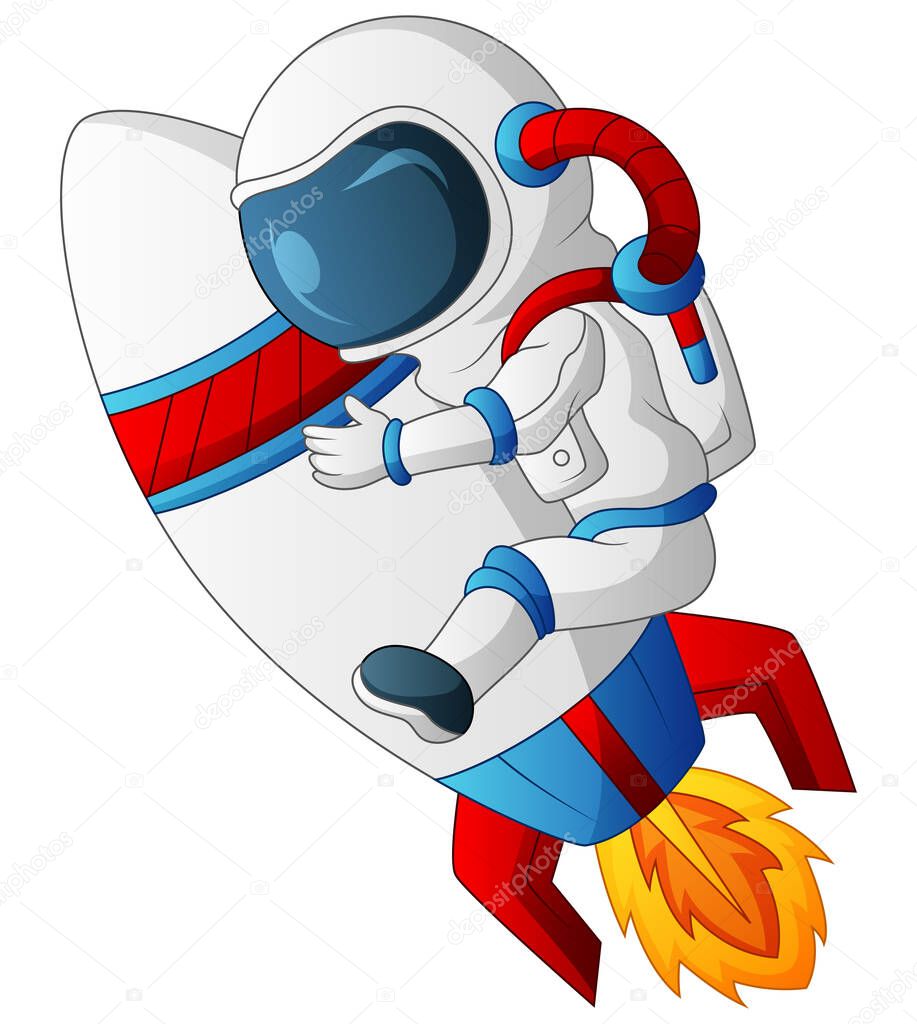 Cartoon illustration of astronaut riding on rocket