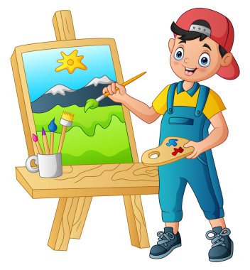 Çocuk tuvale bir manzara çiziyor.