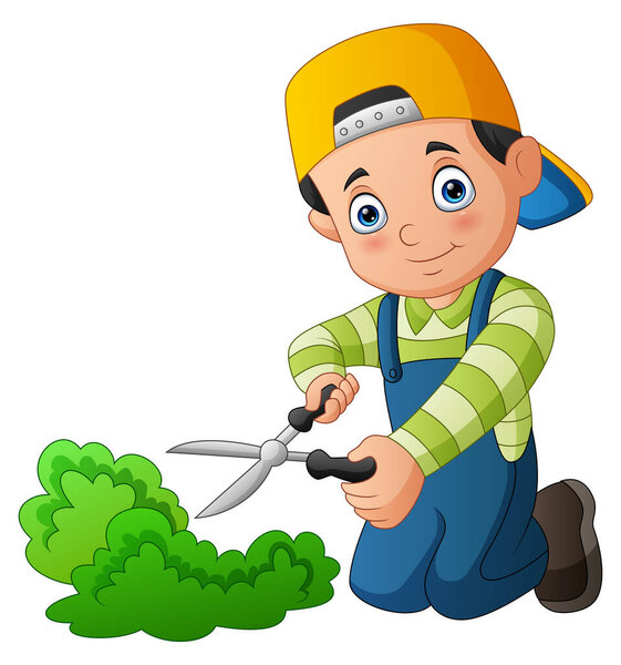 Young gardener trims a grass with scissors