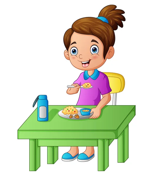 Lindo Una Chica Feliz Comiendo Ilustración Alimentos — Vector de stock