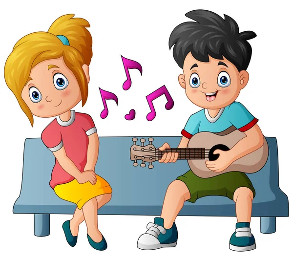 快乐的男孩弹吉他 为他的女朋友歌唱 — 图库矢量图片