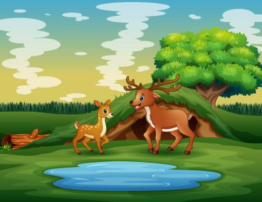 Yavrusu göletin kenarında oynayan anne bir geyik çiz.