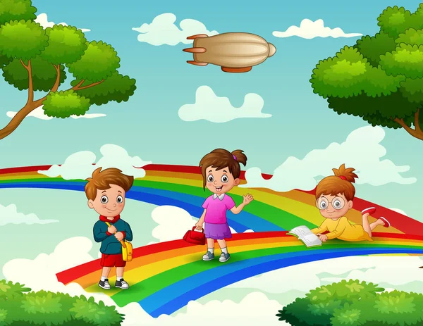 Carino Cartone Animato Bambini Sull Illustrazione Arcobaleno — Vettoriale Stock