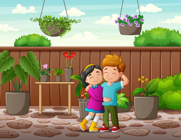 Cartoon Illustration Teenage Couple Garden — Stock Vector