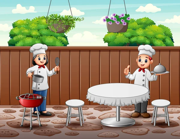 漫画幸せな2人のシェフは 顧客のための食品を提供 — ストックベクタ