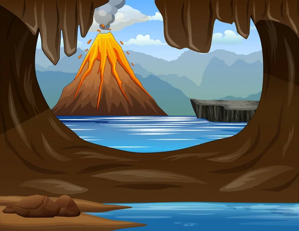 Иллюстрация Пещеры Видом Море Извергающимися Горами Заднем Плане — стоковый вектор