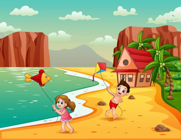 Happy Children Playing Kite Beach Illustration — Stock Vector