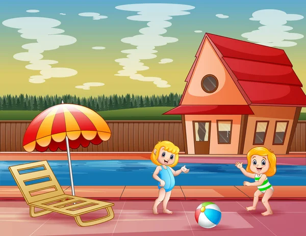 Šťastné Dívky Hrají Bazénu Ilustrace — Stockový vektor