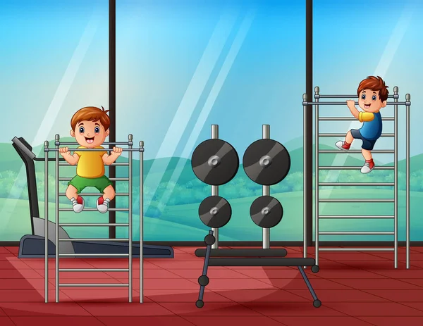 Cheerful Little Boys Pulling Himself Sport Horizontal Bar Gym — ストックベクタ