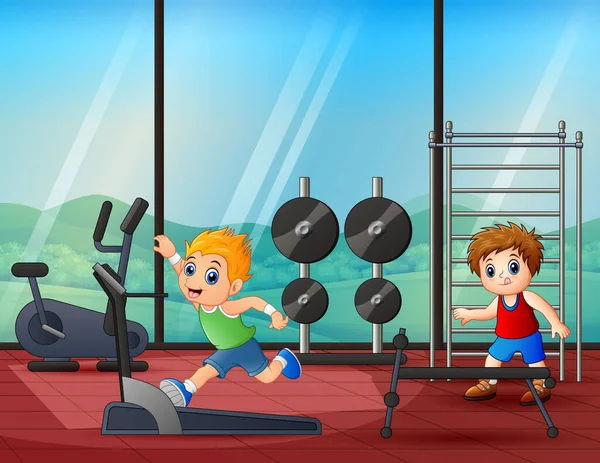 Illustration Bande Dessinée Garçons Heureux Dans Salle Gym — Image vectorielle