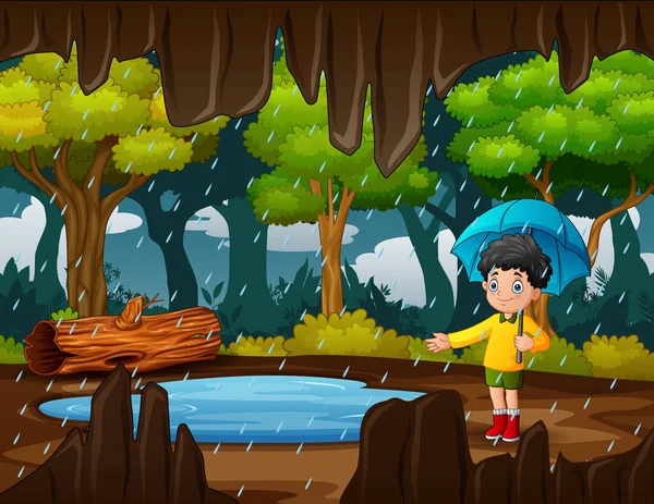 Cartoon Boy Carrying Umbrella Rain — Vetor de Stock