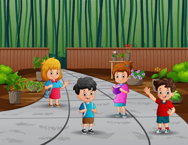 Cartoon Schulkinder Spazieren Durch Den Park — Stockvektor