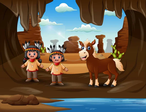 Cartoon Native American Indian Horse Cave — Image vectorielle