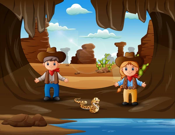 Cartoon Cowboy Cowgirl Cave Illustration — Vector de stock