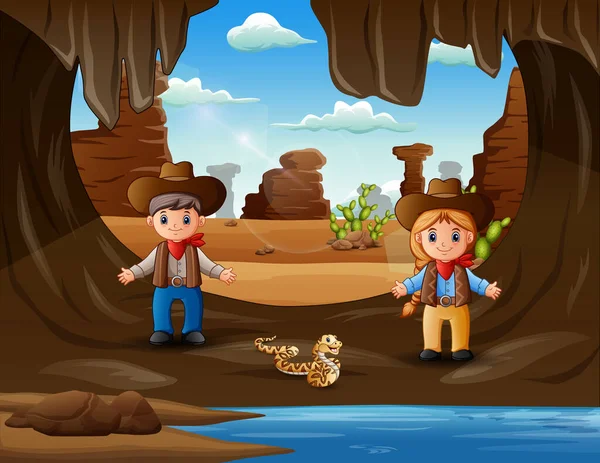 Cartoon Cowboy Cowgirl Cave Illustration — Vetor de Stock