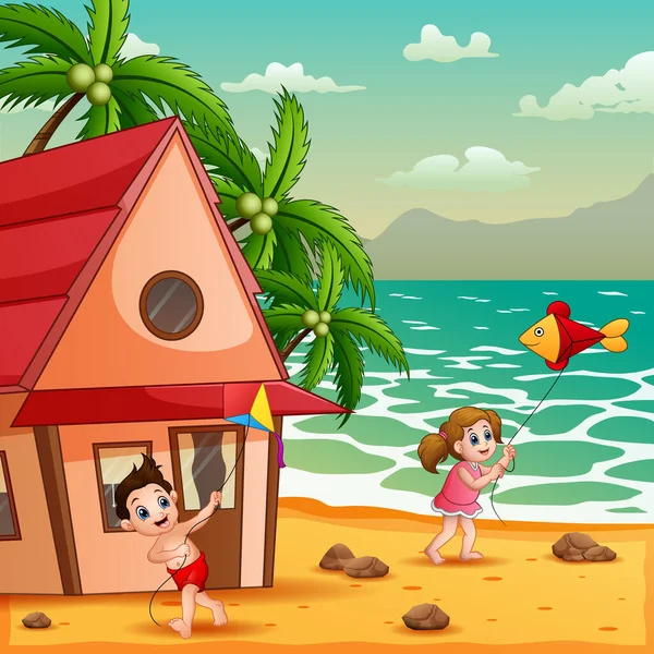 Blij Kinderen Spelen Vlieger Het Strand Illustratie — Stockvector