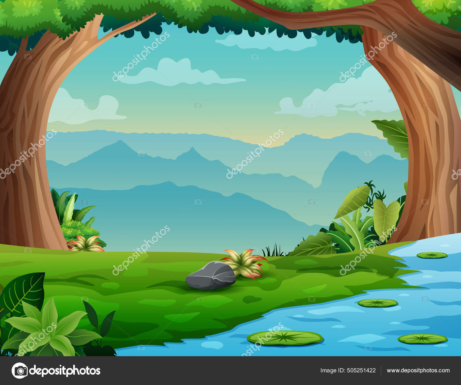 川や木々のある森の風景イラスト ストックベクター C Dualoro