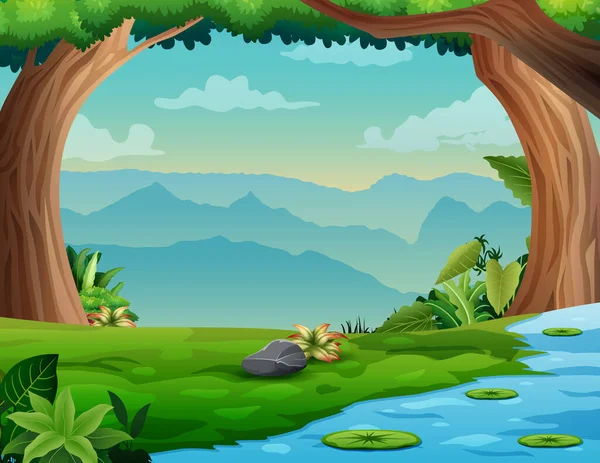 Bakgrundsscen Skog Med Flod Och Träd Illustration — Stock vektor