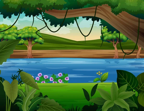 Hintergrundszene Von Wald Mit Fluss Und Vielen Bäumen Illustration — Stockvektor