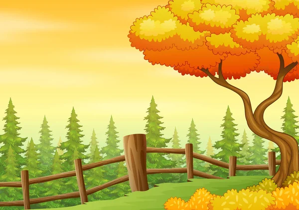 Осенний Фон Желтым Деревом Внутри Забора — стоковый вектор