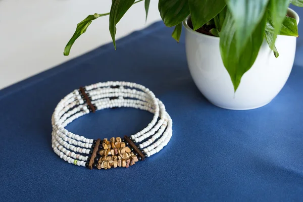 White and tiger stone beads necklace on a blue background with the plant — Stock Photo, Image