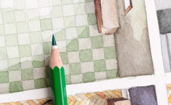 Ołówek na warcaby dachówka malarstwo akwarela — Zdjęcie stockowe