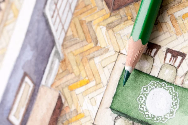 寄木細工の床のイラスト水彩フロアプラン上鉛筆の描画 — ストック写真