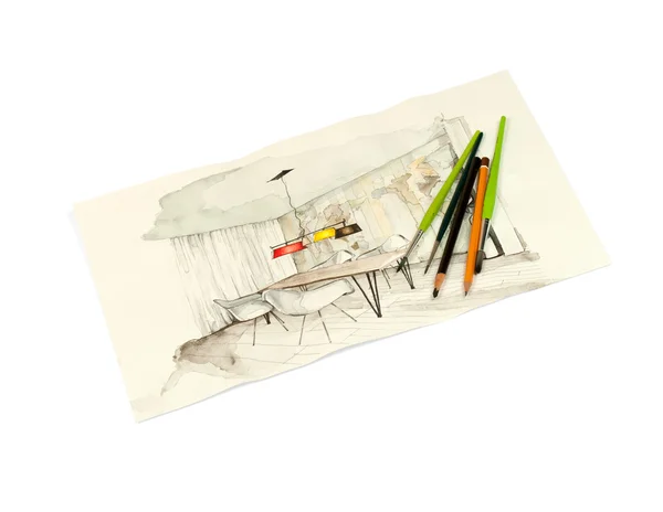 Interior sketch with drawing tools — Stock Photo, Image