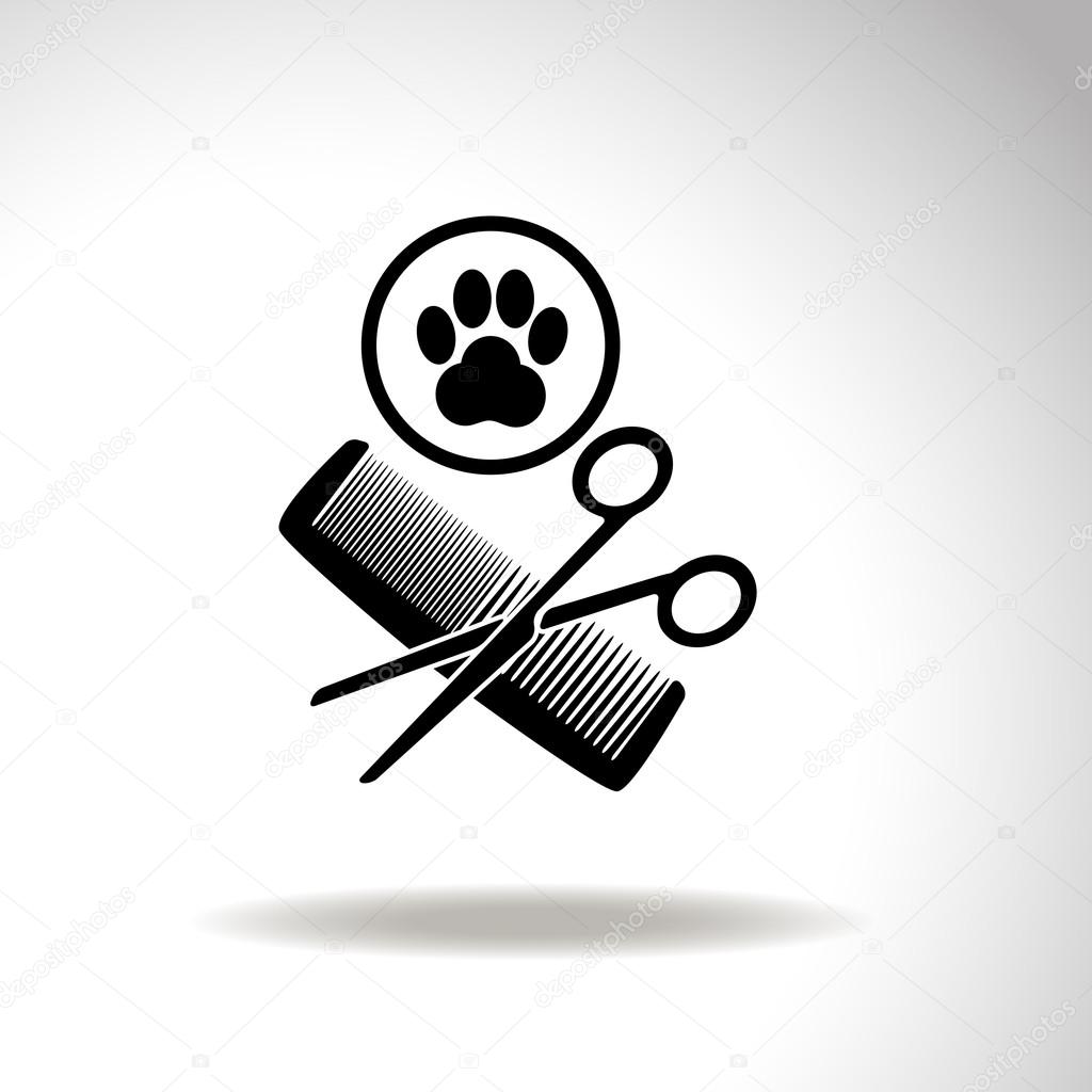 Animal grooming vector icon with paw, hairbrush and scissors, an