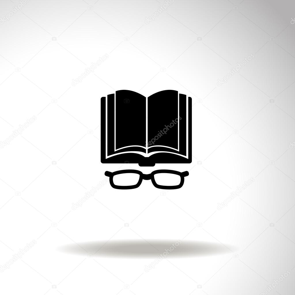 Open book with glasses vector icon.