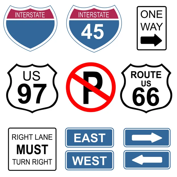 Set of road and highway signs. USA. Road symbols. Vector icon. — Stock Vector