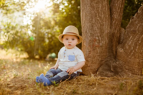 Pequeño niño de ojos grandes en un sombrero se sienta cerca del árbol al atardecer en el —  Fotos de Stock