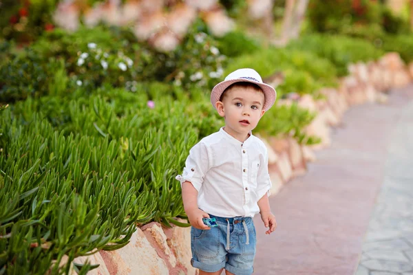 Pequeño niño en un sombrero y pantalones cortos en el verano en un fondo —  Fotos de Stock