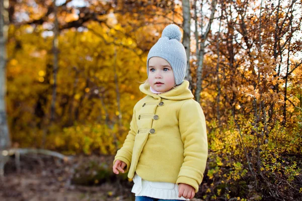 Fetiță foarte drăguță într-o jachetă galbenă toamna — Fotografie, imagine de stoc