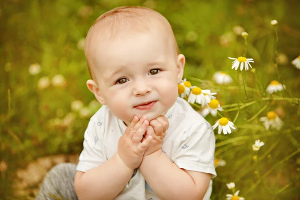 Piccolo adorabile bambino con gli occhi grandi seduto in un campo con margherite in estate e guardando in alto, primo piano — Foto Stock