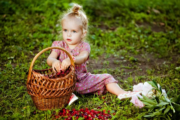 Menina loira bonito em um macacão rosa comendo framboesas da cesta — Fotografia de Stock
