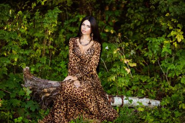Portrait of a sexy sensual very beautiful brunette girl with long hair in leopard print dress, sitting on a tree in a forest