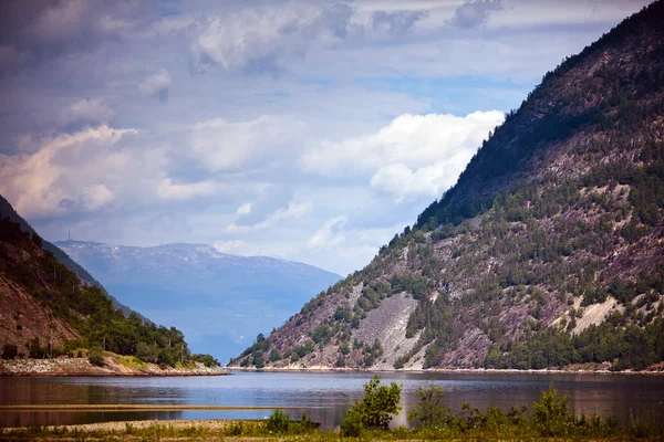 Zobrazení fjordy, lesů a hor v oblačném počasí v — Stock fotografie