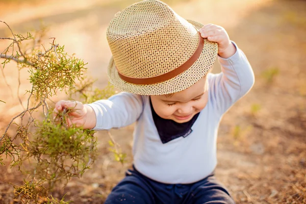 Kleine schattige babyjongen in een stro hoed en blauw shirt vergadering in de buurt van een boom op de grond bij zonsondergang in de zomer, en probeert te nemen uit zijn hoed — Stockfoto