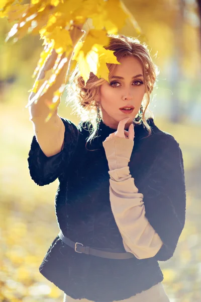 Portrait of a sensual girl in the black coat with brown eyes on — Stock Photo, Image