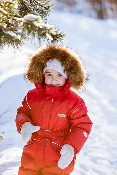 Small very cute girl in a red suit with fur hood costs about tre — Stock Photo, Image